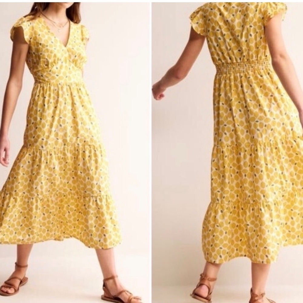 Boden May Lemon Print Cotton Midi Summer Dress US 8R Cottagecore Resortwear